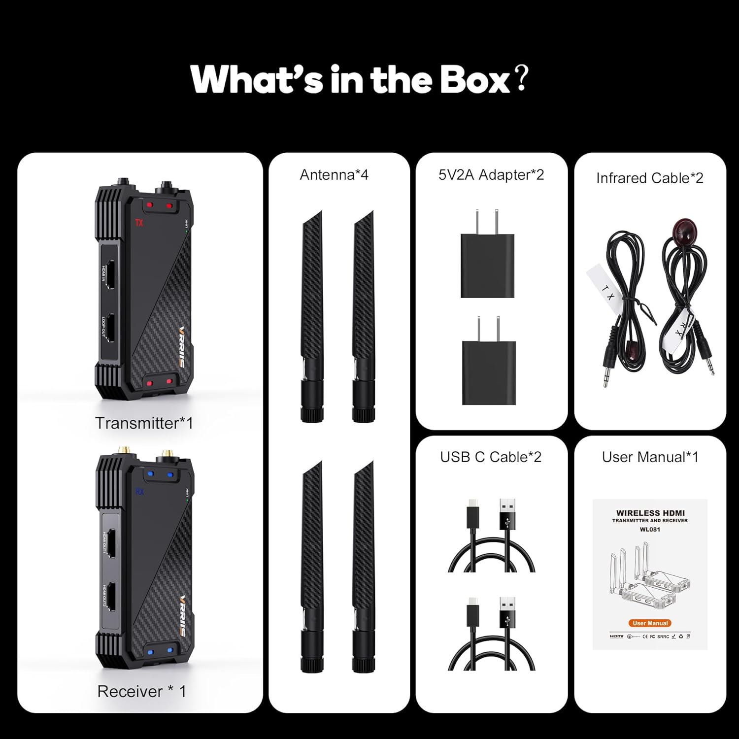 VRRIIS WL081 Wireless HDMI Extender Kit — 1080P, 400M, Dual HDMI Out, IR Remote