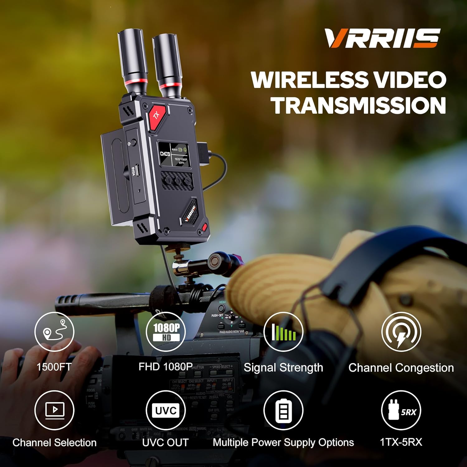 VRRIIS WL087 Wireless Video Transmitter & Receiver — 450M, UVC for OBS, 20 Channels, 1TX to 5RX