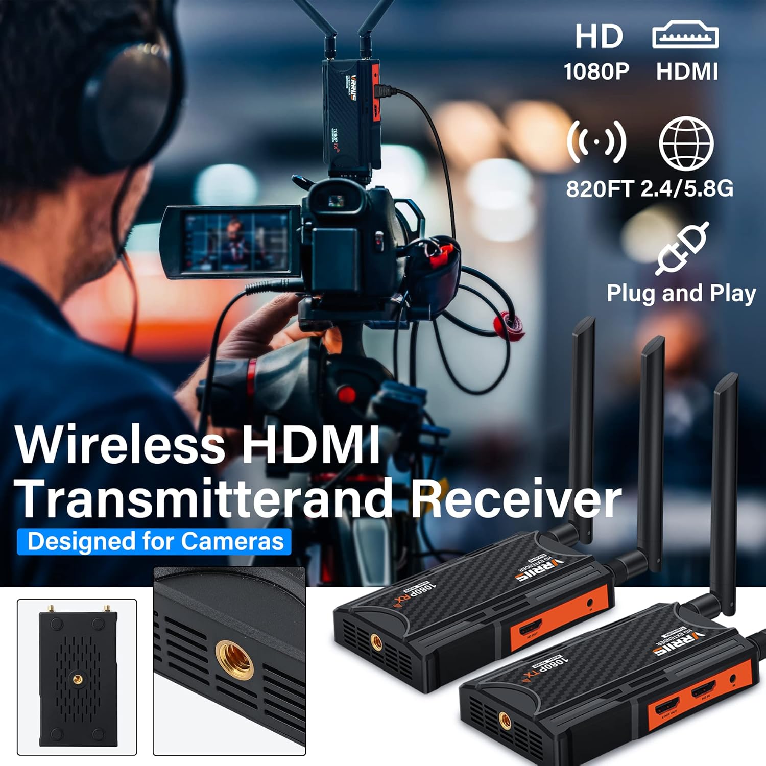 VRRIIS WL009 Wireless HDMI Transmitter & Receiver — 250M, 1080P, IR Remote, 3.5mm Audio